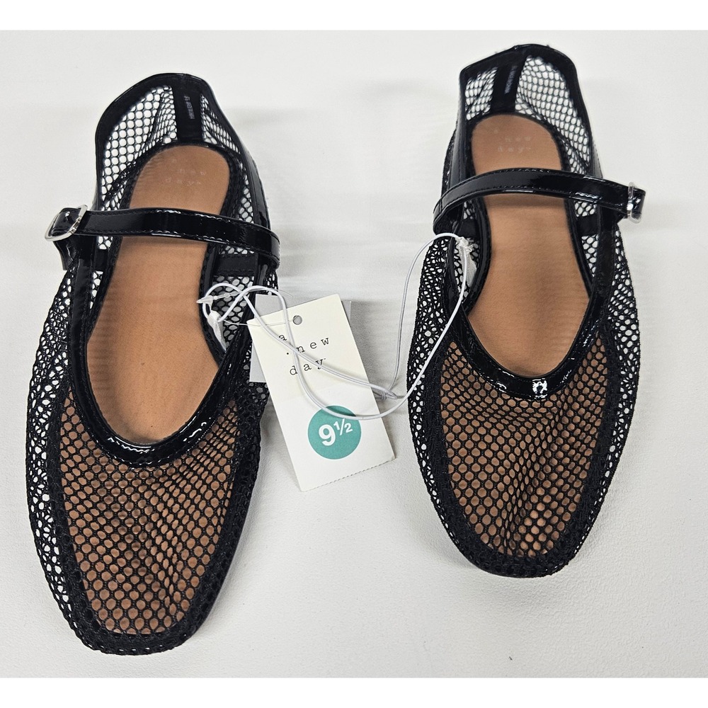 A New Day Womens Issa Mesh Mary Jane Ballet Flats Jet Black Patent Trim 9.5